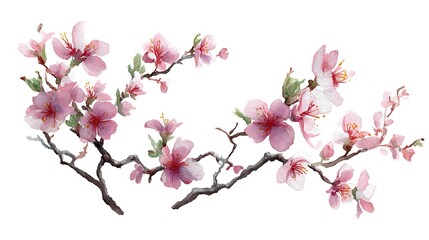 Watercolor cherry blossom branch isolated on white background