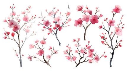 Watercolor cherry blossom branches isolated on white background