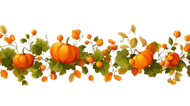 Pumpkins and autumn leaves garland, seamless pattern border isolated on transparent background. Horizontal border for design, decoration, or wallpaper template in the autumn season or halloween. - Powered by Adobe