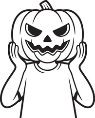 Outline Vector Icon of Man Wearing Pumpkin on Head on White Background