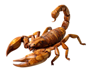  Side-Angle Wooden Scorpion Figurine with Raised Tail, isolated