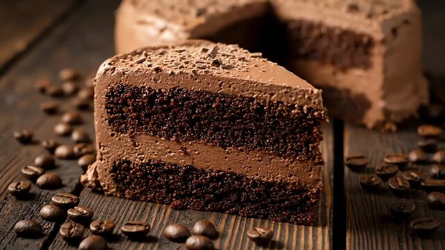 Chocolate cake slice on wooden surface with coffee beans