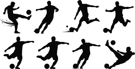 Soccer Football Players Action Silhouettes Set, Kicking, Dribbling, Shooting, Running, Sport Game Vector Graphic Illustration
