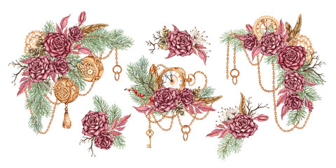 Burgundy roses, pine branches, cones, gears, balls, chains, watches, pendants set steampunk watercolor illustration. Isolated from the background. Suitable for Christmas and New Year cards, holiday 