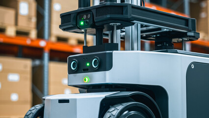 An autonomous robot navigates a modern warehouse, highlighting automation and efficiency. It maneuvers through aisles, with boxes stacked in the background. 