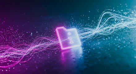 A digital file icon lights up with neon effect, surrounded by bright abstract light, showcasing the concepts of data storage, information technology, and digital transformation.