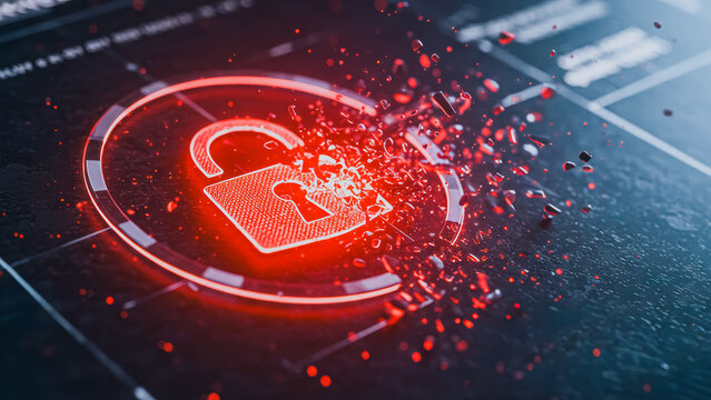A digital representation of cyber security breach, with a glowing padlock symbolizing vulnerability. The image uses futuristic and technical visual elements to convey concept of risk.