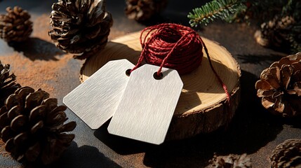 Red twine roll with blank tags and pinecones on a wooden slice