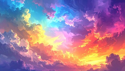 A vibrant, colorful sky filled with swirling, fluffy clouds