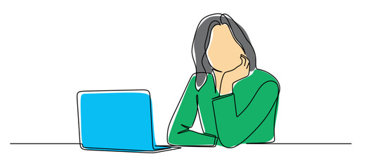 Continuous line art of a woman ready to work in front of a laptop and waiting for clients to arrive. Vector illustration of a female worker