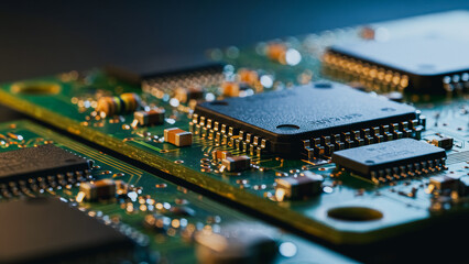Obraz premium A detailed view of intricate circuit boards, showcasing the core of modern technology and connectivity. Capturing a sense of innovation and high-tech advancement.