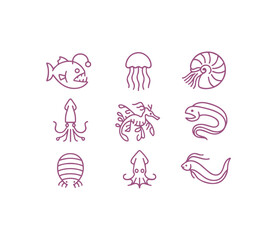 Diverse Ocean Life Icons A Collection of Marine Creatures in Minimalist Line Art Style