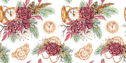 Burgundy roses, fir branches, cones, chains, gears, clocks seamless pattern watercolor illustration. Isolated. Vintage steampunk Christmas and New Year design for wrapping paper, textiles, cards