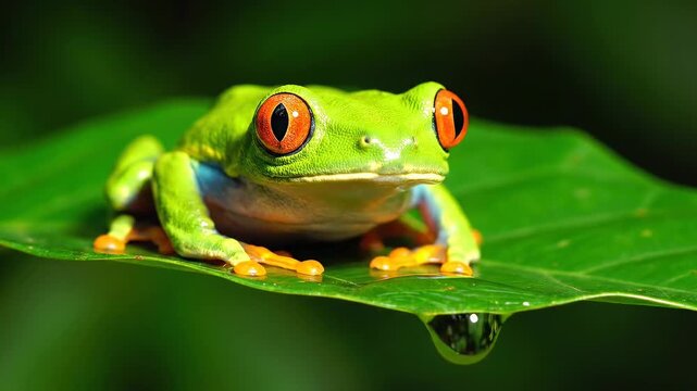 A vibrant green tree frog with striking big red eyes sits patiently on a large wet leaf with a water droplet in a lush tropical rainforest