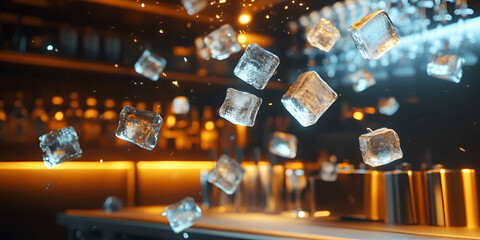 Flying Ice Cubes in a Sleek Bar, Ice Cubes Dancing Through a High-End Bar, Frozen Moments: Ice Cubes in Mid-Air at the Bar, Chill Vibes: Floating Ice Cubes in a Sleek Bar, Refreshing Ice Cubes Droppin