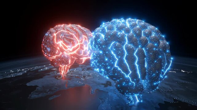 AI competition China USA, conceptual scene of China and USA AI brains competing in computation power, glowing neural lights, futuristic global context