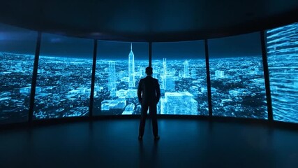 Businessman in VR headset observing a futuristic city hologram from a high-rise office, showcasing advanced urban planning and digital innovation. - Powered by Adobe