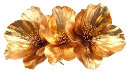 Three golden-colored flowers arranged, petal details, white background
