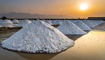 Salt piles in a solar evaporation salt farm at sunrise