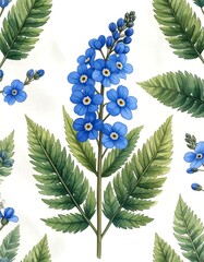Watercolor illustration of delicate blue flowers & lush green foliage