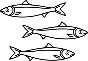 Anchovies Set Illustration in Outlines. Fresh Anchovies Fish Collection. Small Fish Outline Design Set. Anchovy Seafood Illustration Pack. Ocean Anchovies Outline Artwork. Marine Fish Anchovies