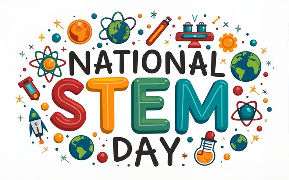 Celebrating national stem day with colorful science and technology icons. High quality