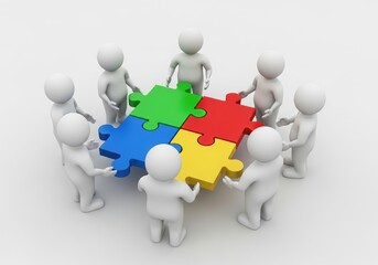 Team of people connecting colorful puzzle pieces together for collaboration