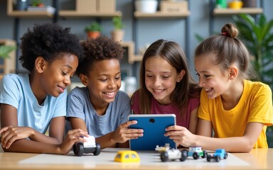 Happy diverse school children students group building robotic vehicle robot cars using tablet computer education software apps. Kids learning programming sit at table at STEM coding engineering class.
