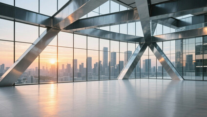 An interior space with a glass curtain wall and steel structure that offers a view of the city skyline