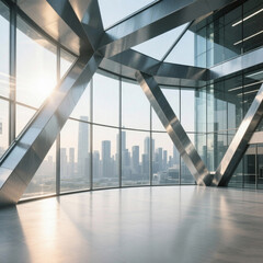 An interior space with a glass curtain wall and steel structure that offers a view of the city skyline