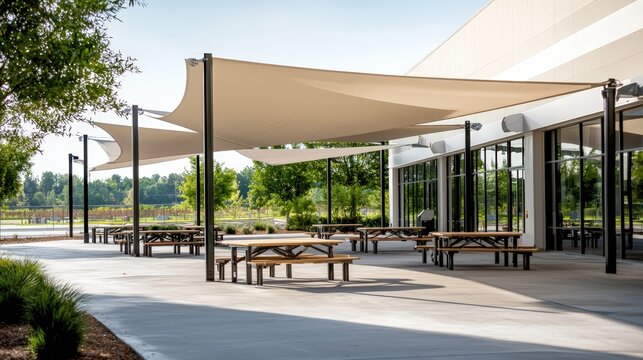 A factory with a focus on its outdoor break area, featuring picnic tables and shade structures. Product photography with high resolution, advertising style
