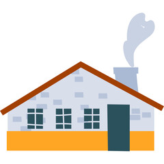 Illustration Of A Simple Stone House With A Smoking Chimney And A Brown Roof Against A White Background