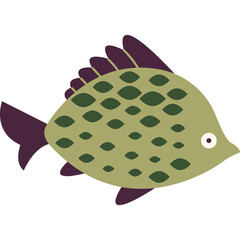 Illustration of a stylized green fish with purple fins and tail against a clean white background featuring a simple graphic design and cartoon aesthetic.