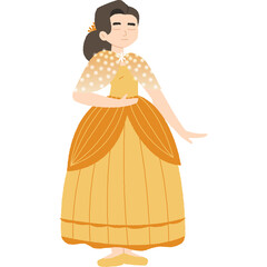 Illustration of a Woman in a Traditional Yellow Gown with Intricate Bodice Detail and Her Hair Pulled Back Elegantly
