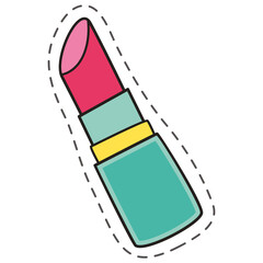 Illustration of a vibrant turquoise lipstick with a pink tip and a golden band against a white background featuring a dashed outline sticker effect