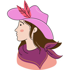 Illustration of a Woman Wearing a Pink Cowboy Hat and Scarf with Feathers on a Transparent Background