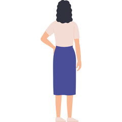 Illustration Of A Woman Standing With Her Back To The Viewer Wearing A Light Pink Shirt And A Dark Blue Skirt