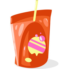  Cartoon Red Orange Juice Drink With Yellow Straw And Pink Yellow Label On Transparent Background