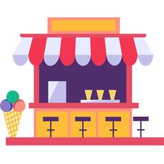 Ice Cream Stand With Colorful Cones And Stools Under A Striped Awning On A Sunny Day