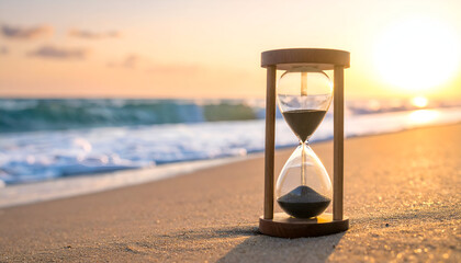Hourglass standing on beach sand with sea waves behind, concept of fleeting moments and impermanence.