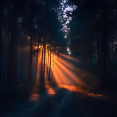 Serene Sunlight Streaming Through Tall Trees in Quiet Forest