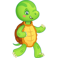 Cute cartoon green turtle character with a friendly expression walking forward with a smiling face and rosy cheeks set against a transparent background ideal for children's media and playful designs