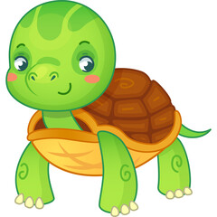 Cute Cartoon Green Turtle with Brown Shell and Big Eyes Isolated on Transparent Background Playful Animal Character