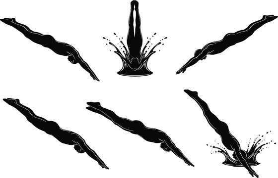 Dynamic swimmer and diver silhouettes vector set, graceful underwater sport movement, athletic female swimming poses, fitness and aquatic competition concept.