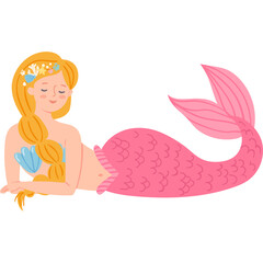 Illustration of a cartoon mermaid with blonde braided hair and a pink tail lying down with her eyes closed in a relaxed pose on a white background