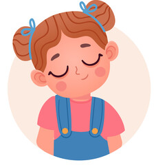 Illustration Of A Content Young Girl With Brown Pigtails Wearing A Pink Shirt And Blue Overalls With A Peach Colored Circle Background
