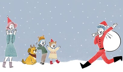 サンタクロースの衣装を着て家族のもとに走る男性のクリスマスイメージイラスト