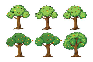 Fototapeta premium Cartoon Trees: A collection of various cartoon trees. The trees are different shapes and sizes, and some have leaves while others have fruit.