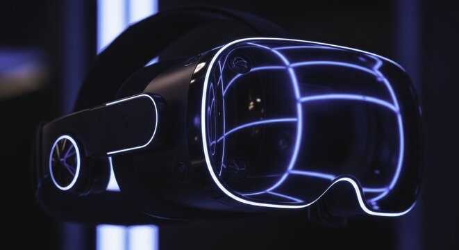 Cutting-Edge Virtual Reality Headset Illuminated with Striking Blue Neon Lights and Futuristic Design