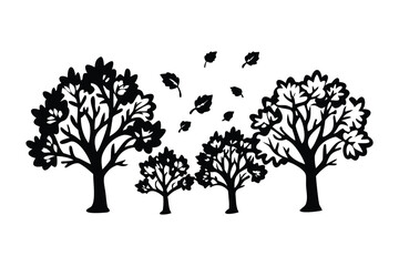 Obraz premium Silhouette Trees: A collection of silhouette trees in the foreground, with leaves blowing in the wind, a charming scenery